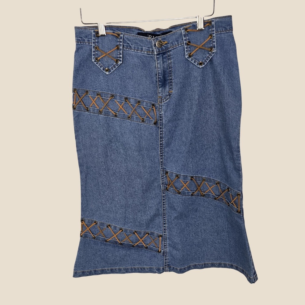 Deal Denim Lace Up Y2K Trumpet Midi Skirt Blue Medium 90s Western Boho Festival